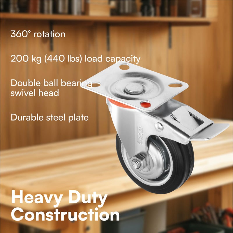 H&S Heavy Duty 75mm Caster Wheels for Trolley & Furniture â€“ 4 Casters with Brakes, Double Ball Bearing Swivel Heads, Black - Image 3